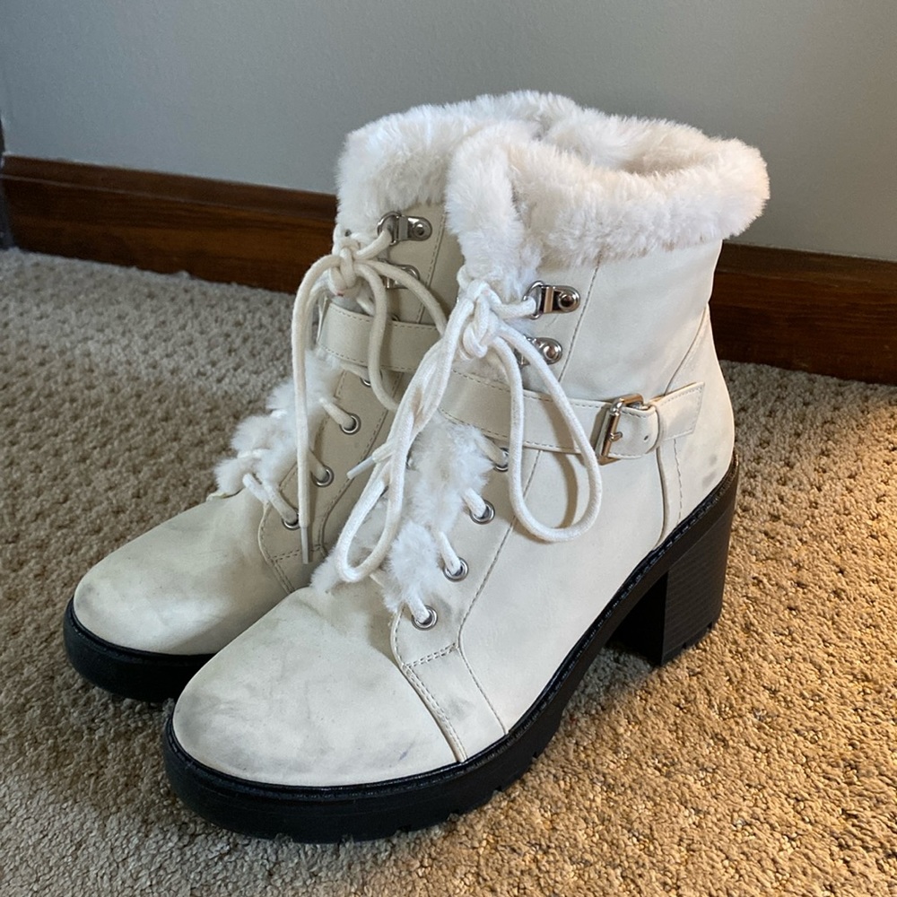 White Lace Up Faux Fur Boots